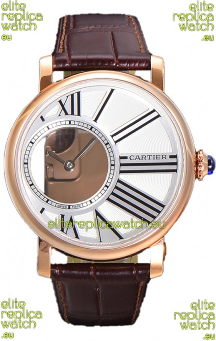 Rotonde De Cartier in Rose Gold Casing - Leather Strap Swiss Quartz Replica Watch 