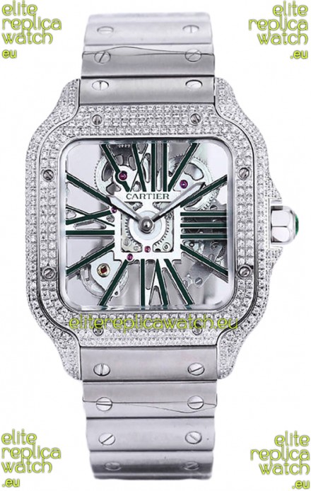 Santos De Cartier Watch in Skeleton Dial - Diamonds Bezel in Steel Casing Swiss Replica