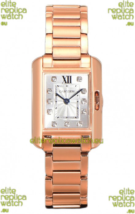 Cartier Tank Anglaise Rose Gold Watch in Steel Strap Diamonds Markers Swiss Quartz Watch 30MM