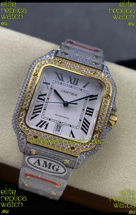 Cartier "Santos De Cartier" Two Tone White Dial 1:1 Mirror Replica - 40MM - Genuine Diamonds