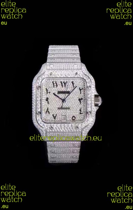 Santos De Cartier Swiss Replica Watch with Diamonds Embedded Dial in Steel Casing 40MM