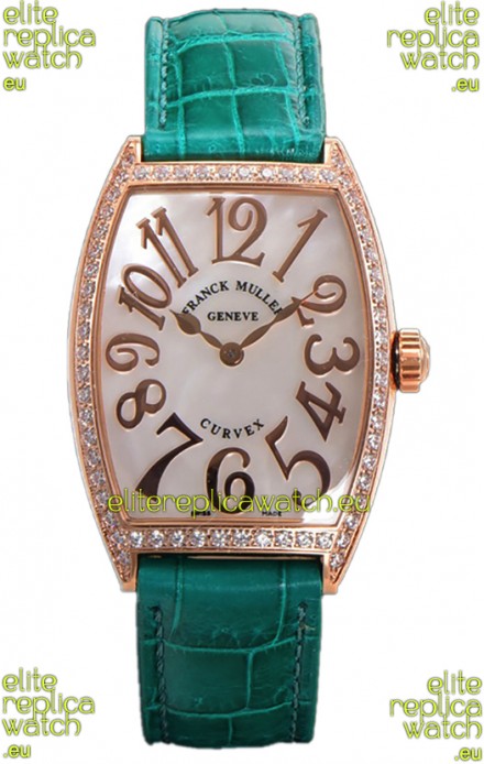 Franck Muller Cintree Curvex Mother of Pearl Dial Watch in Rose Gold Plating - Green Strap 