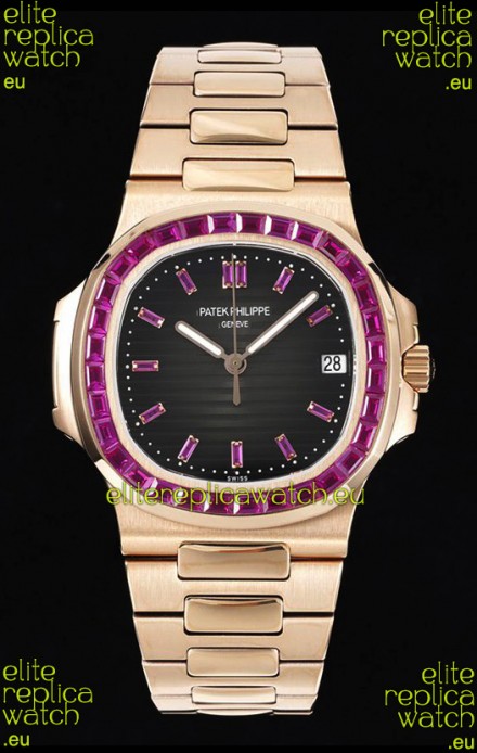 Patek Philippe Nautilus 5711 Black Dial 1:1 Mirror Replica in Rose Gold 904L Steel with Rubies Bezel