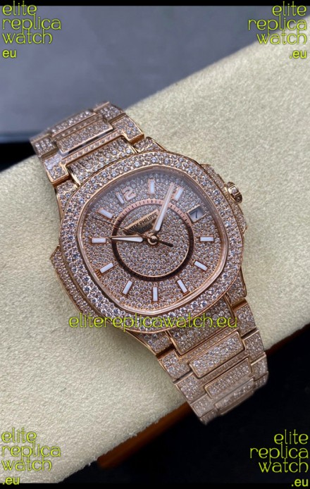 Patek Philippe Nautilus 7010 Diamonds Paved Rose Gold 32MM 1:1 Mirror Replica - Genuine Diamonds