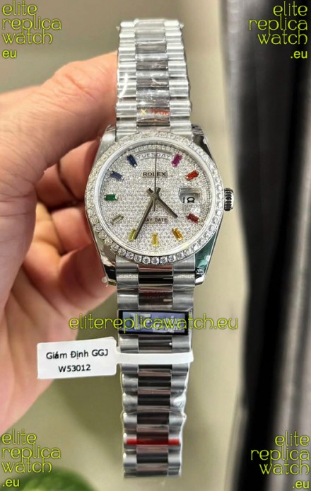 Rolex Day Date Super Clone White Gold Plated Custom Modified Diamonds Paved Watch 