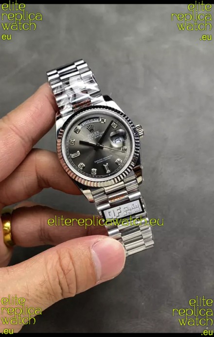 Rolex Day Date Super Clone Stainless Steel Grey Dial Diamonds Numerals Watch 36MM - 1:1 Mirror Quality