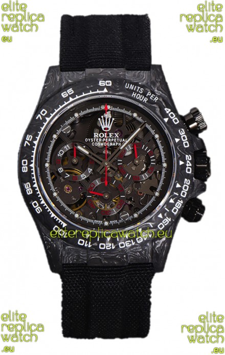 Rolex Daytona DiW Skeleton Carbon Edition Watch - Forged Carbon Casing Black Strap 1:1 Mirror Replica