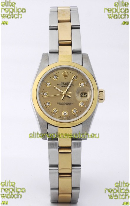 Rolex DateJust - Two Tone Ladies Swiss Replica Watch in Gold Dial