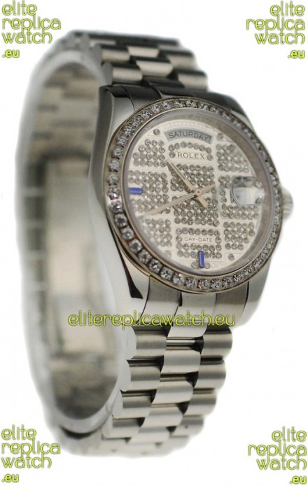 Rolex Day Date Silver Swiss Mens Watch in Diamond Dial