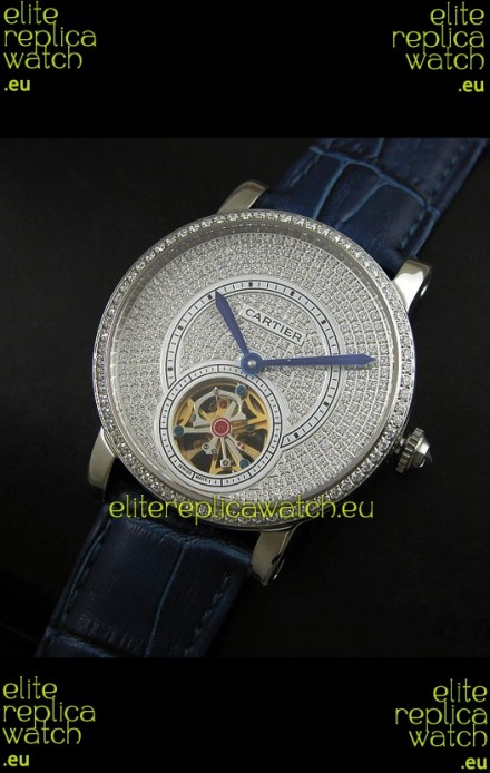 Cartier Ronde de Tourbillon Japanese Replica Diamond Watch in Blue Strap