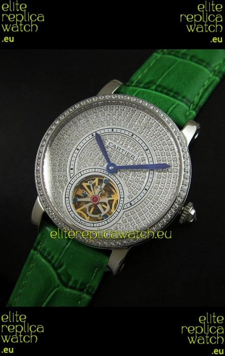 Cartier Ronde de Tourbillon Japanese Replica Diamond Watch in Green Strap
