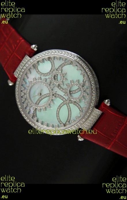 Cartier Replica Watch with Diamonds Embedded Dial Bezel in Steel Case/Red Strap