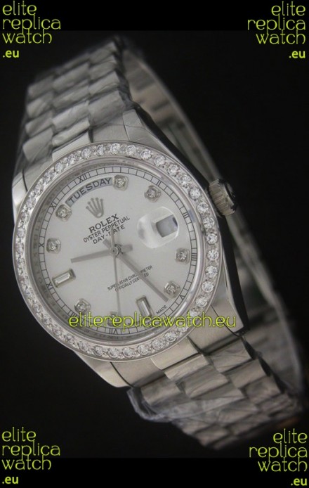 Rolex Day Date Just swiss Replica Watch in Full Diamond Bezel