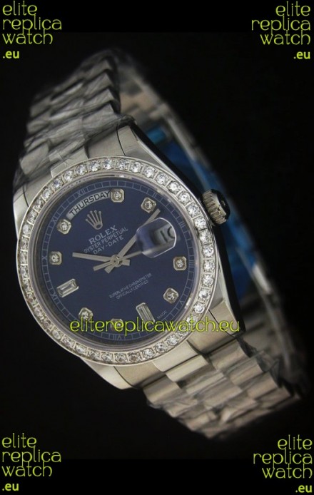 Rolex Day Date Just swiss Replica Blue Watch in Full Diamond Bezel