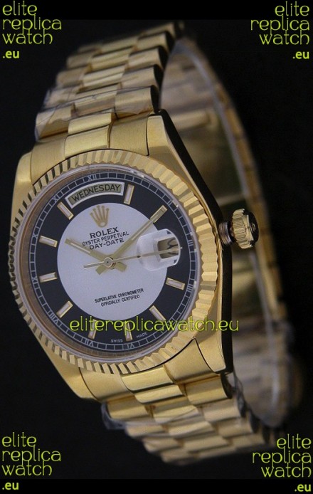 Rolex Day Date Just swiss Replica Yellow Gold Watch in Black & White Dial