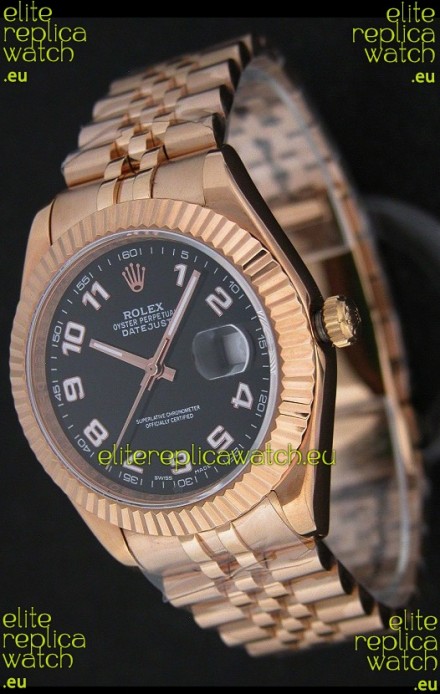 Rolex Datejust Swiss Replica Rose Gold Watch in Black Dial