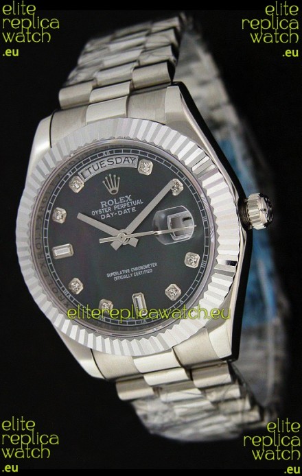 Rolex Oyster Perpetual Day Date Swiss Replica Watch in Black Mother of Pearl Dial