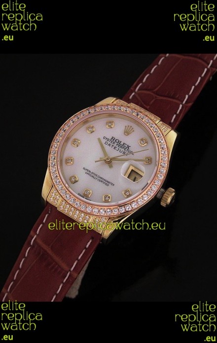 Rolex DateJust Swiss Mens Replica Yellow Gold Watch in Mop White Dial