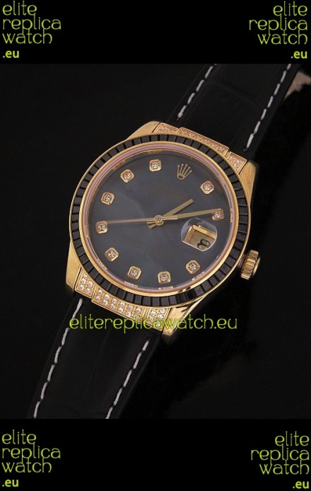 Rolex DateJust Japanese Mens Replica Yellow Gold Watch in Diamond Markers