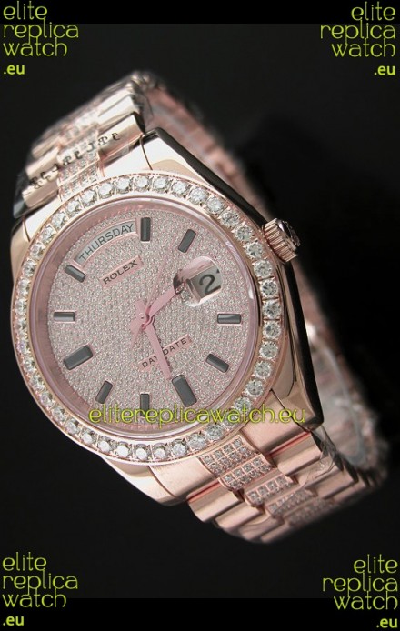 Rolex Day Date Swiss Automatic Rose Gold Watch in Ruby Stick Markers