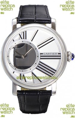 Rotonde De Cartier in Stainless Steel Casing - Leather Strap Swiss Quartz Replica Watch 