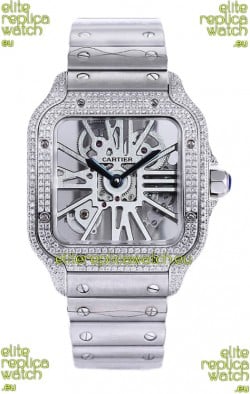 Santos De Cartier Watch in Skeleton Dial - Diamonds Bezel in Steel Casing & Strap Swiss Replica