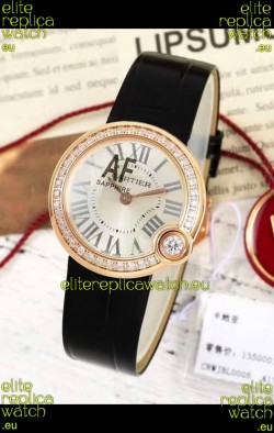 Ballon Blanc De Cartier Swiss Quartz Replica Watch Diamonds Bezel Rose Gold Casing Leather Strap 