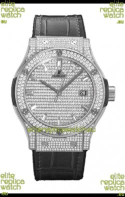 Hublot Classic Fusion Automatic Steel Diamonds Paved Dial Grey Strap 42MM Superclone Replica Watch 
