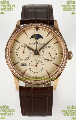 Jaeger LeCoultre Super Clone Master Ultra-Thin Perpetual Calendar Cream Dial Diamonds Bezel Watch
