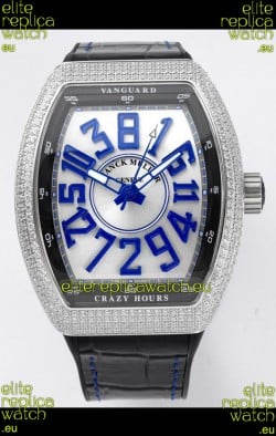 Franck Muller Vanguard Crazy Hours in Stainless Steel Diamonds - White Dial Swiss Replica Watch 