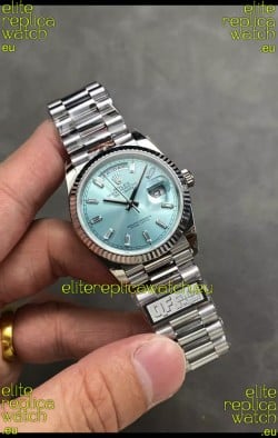Rolex Day Date Super Clone Stainless Steel Ice Blue Dial Crystal Numerals Watch 36MM - 1:1 Mirror Quality