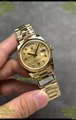 Rolex Day Date Super Clone Yellow Gold Casing and Dial Diamonds Numerals Watch 36MM - 1:1 Mirror Quality