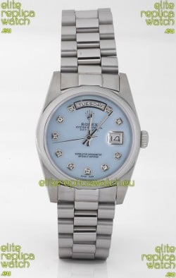Rolex Day Date Silver Swiss Replica Watch in Mother Of Pearl Blue Dial