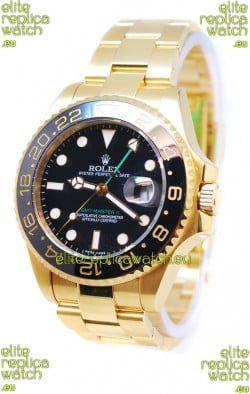 Rolex GMT Masters II 2011 Edition Swiss Replica Gold Watch in Black Cerarmic Bezel