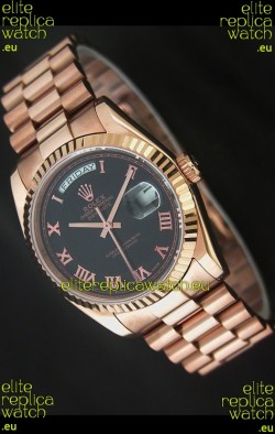 Rolex Day Date Swiss Rose Gold Watch in Black Dial