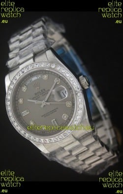 Rolex Day Date Just swiss Replica Grey Watch in Full Diamond Bezel