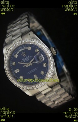 Rolex Day Date Just swiss Replica Blue Watch in Full Diamond Bezel