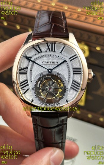 Drive De Cartier Rose Gold Tourbillon Super clone Replica Watch in White Dial 