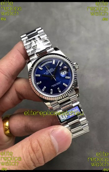 Rolex Day Date Super Clone Stainless Steel Blue Dial Crystal Numerals Watch 36MM - 1:1 Mirror Quality