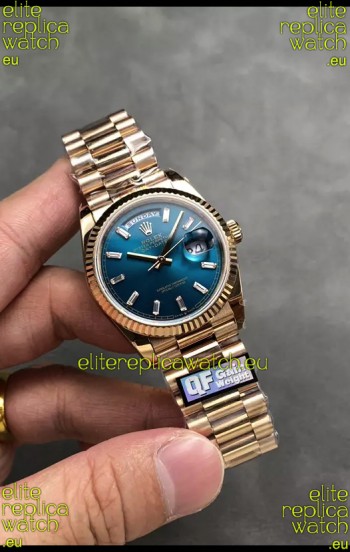 Rolex Day Date Super Clone Rose Gold Blue Dial Crystal Numerals Watch 36MM - 1:1 Mirror Quality