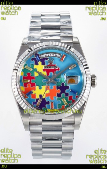 Rolex Day Date Emoji Jig-Saw Puzzle Stainless Steel Casing Swiss Replica Watch 