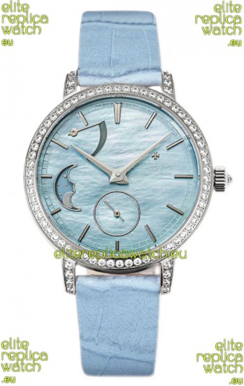 Vacheron Constantin Traditionelle Moon Phase Blue Mother of Pearl Dial in Steel Case Swiss Replica