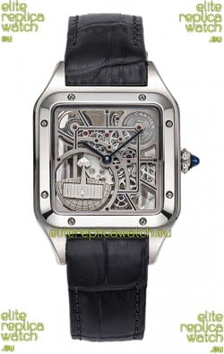 Cartier Santos Dumont Skeleton Stainless Steel Watch in Black Leather Strap 43.5MM