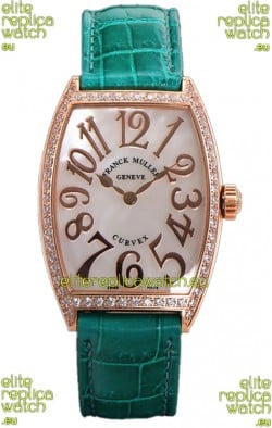 Franck Muller Cintree Curvex Mother of Pearl Dial Watch in Rose Gold Plating - Green Strap 