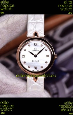Omega De Ville Prestige Dewdrop Edition Swiss Quartz Watch in Rose Gold White Strap