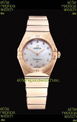 Omega Constellation Ladies Swiss Quartz 1:1 Mirror Replica - Rose Gold Casing White Pearl Dial