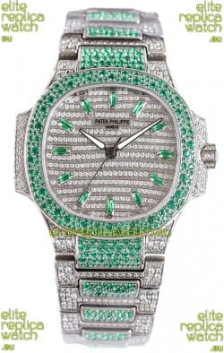 Patek Philippe Nautilus 7118R 35MM 1:1 Green Diamonds Paved Watch in Steel Casing 