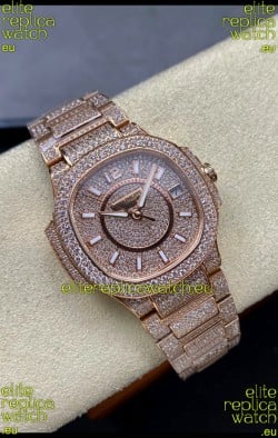Patek Philippe Nautilus 7010 Diamonds Paved Rose Gold 32MM 1:1 Mirror Replica - Genuine Diamonds