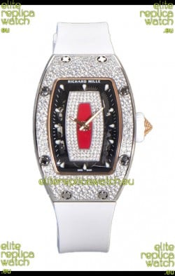 Richard Mille RM007 Diamonds Paved White Strap Red Dial 904L Steel Superclone Swiss Watch