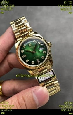 Rolex Day Date Super Clone Yellow Gold Green Dial Diamonds Numerals Watch 36MM - 1:1 Mirror Quality